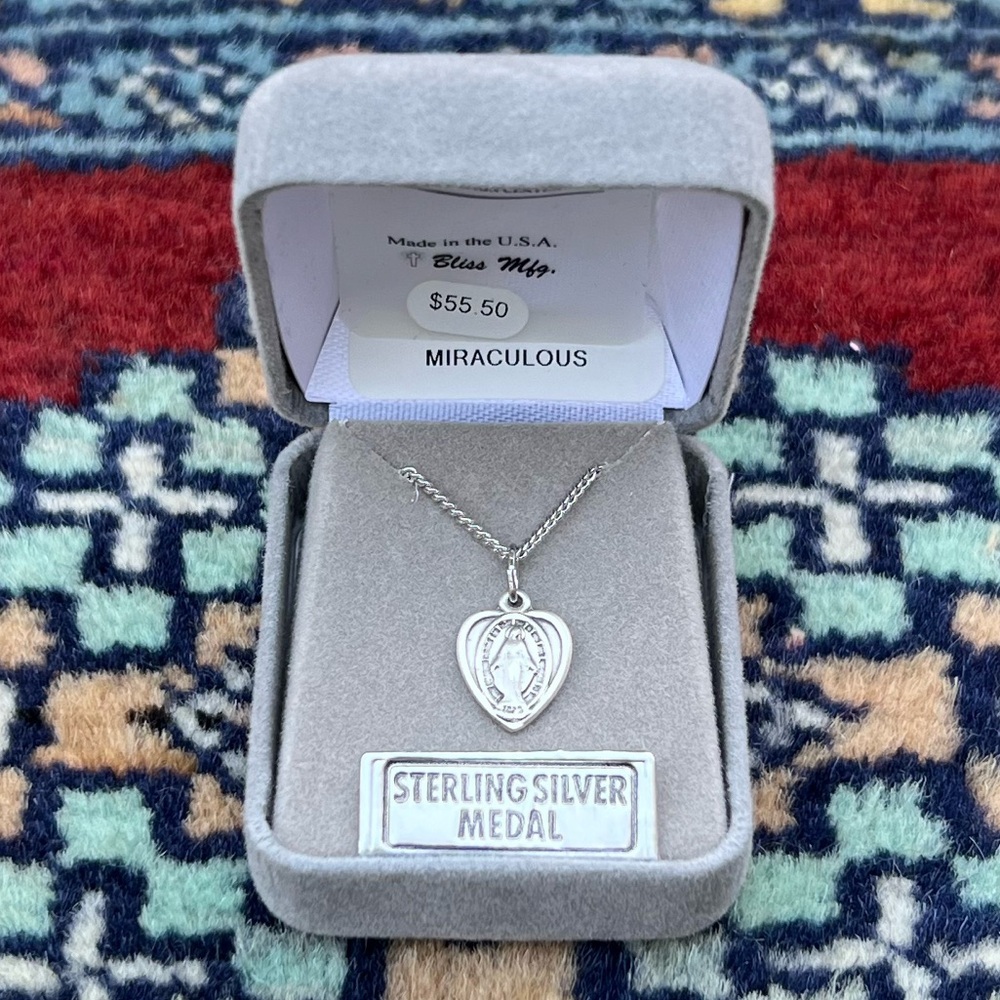 Miraculous Heart Shaped Religious Medal Sterling Silver Necklace Chain